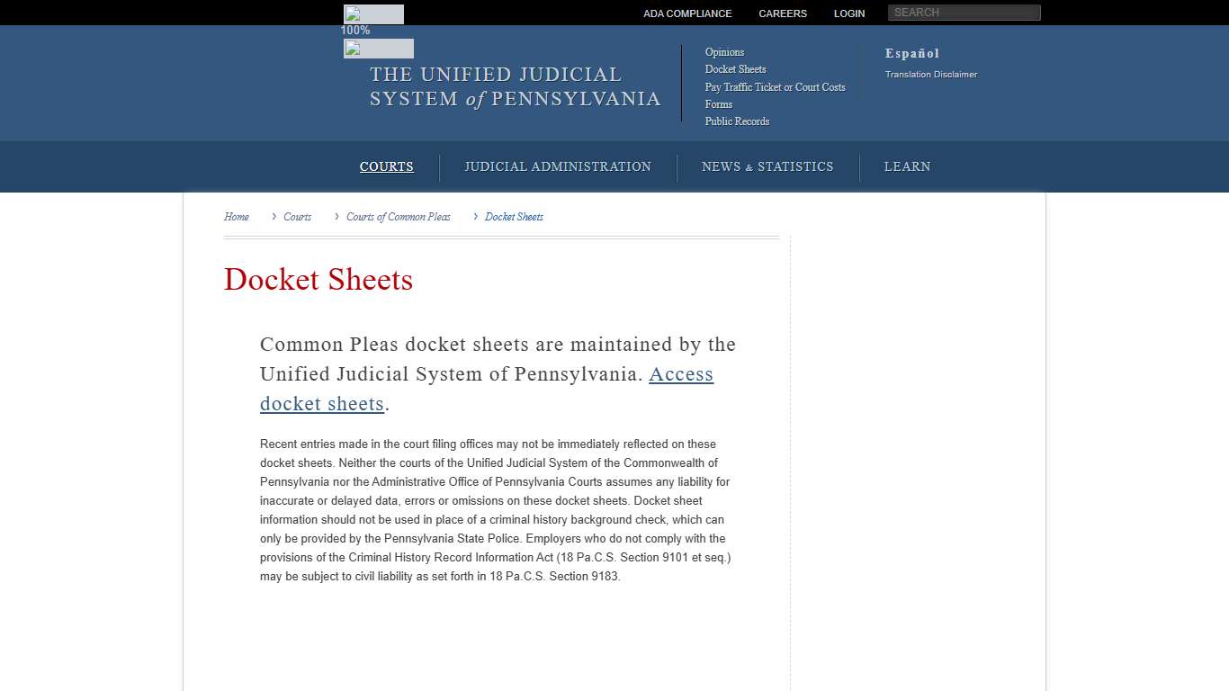 Docket Sheets | Courts of Common Pleas | Courts | Unified Judicial System of Pennsylvania